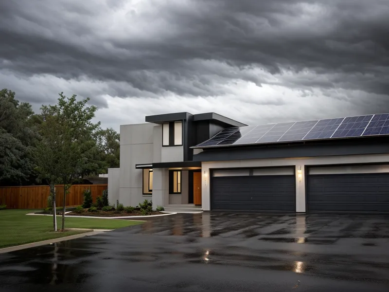 Freelance home office running on a portable battery backup power station during a cloudy day outage, keeping client deadlines on track