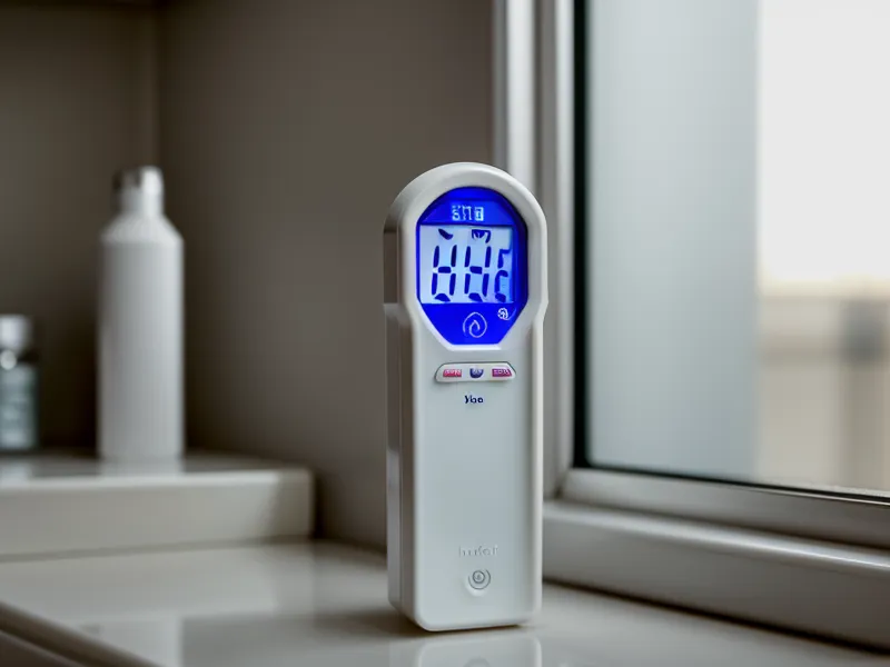 Digital thermometer checking insulin storage temperature during a Houston power outage