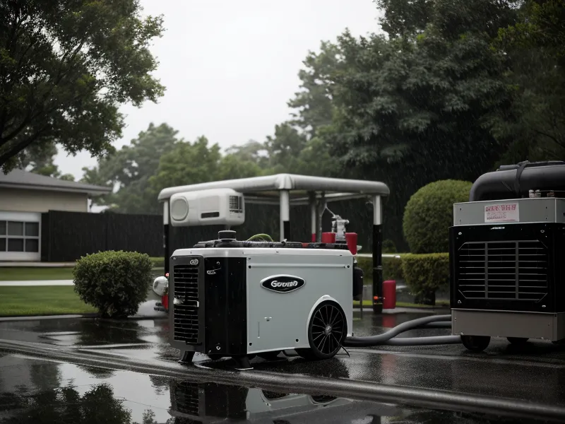 Gas generator running outdoors during a Houston hurricane as a backup energy strategy fallback