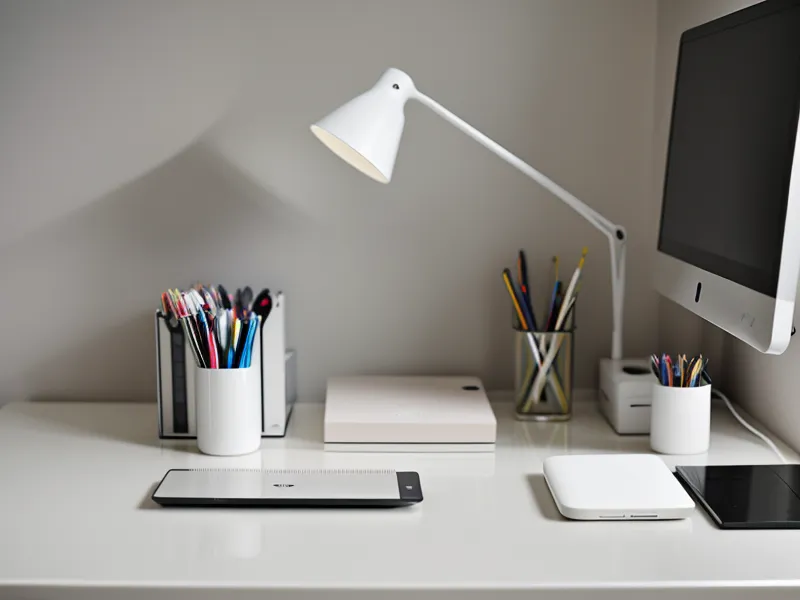 Laptop and desk lamp running on a home power backup battery during a Houston blackout test in a home office