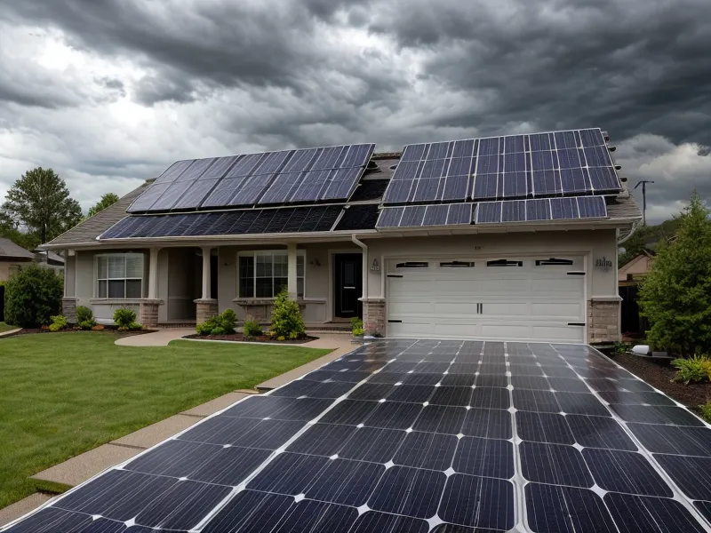 Solar generator battery bank and whole-house generator pad side by side outside a Houston-area home during hurricane season